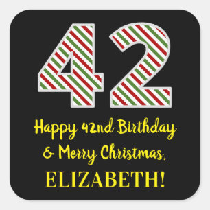 Happy 42nd Birthday & Merry Christmas, Custom Name Square Sticker