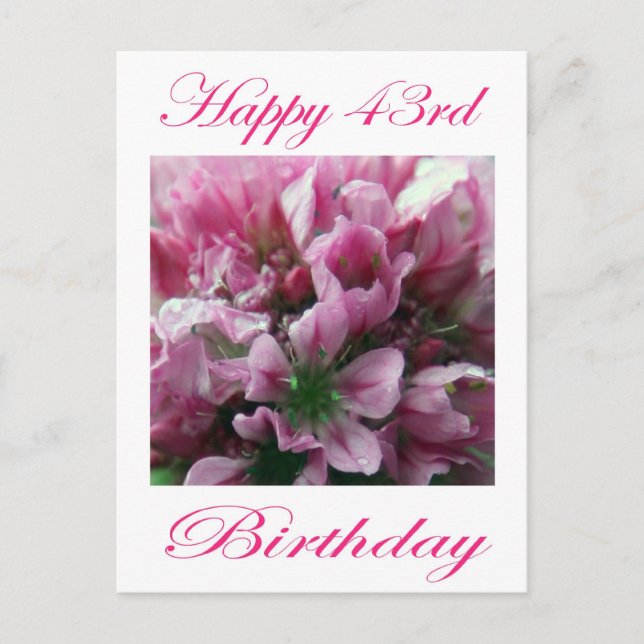 Happy 43rd Birthday Pink and Green Flower Postcard (Front)