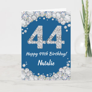 Happy 44th Birthday Blue and Silver Glitter Card