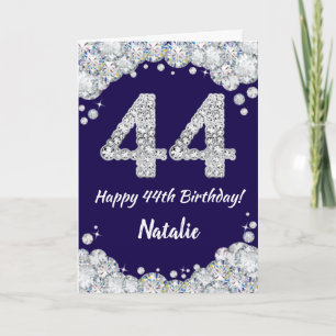 Happy 44th Birthday Navy Blue and Silver Glitter Card