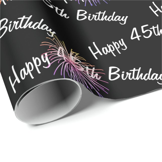 Happy 45th Birthday fireworks on black Wrapping Paper (Roll Corner)