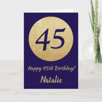 Happy 45th Birthday Navy Blue and Gold Glitter