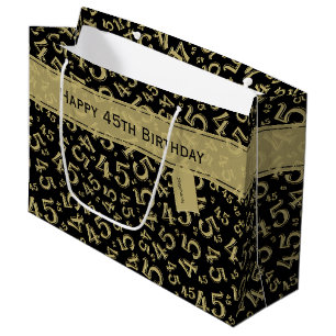 Happy 45th Birthday Number Pattern Black/Gold Large Gift Bag