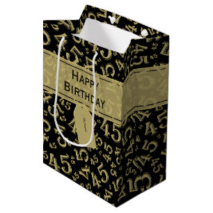 Happy 45th Birthday Number Pattern Gold/Black Medium Gift Bag