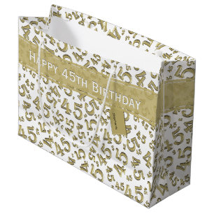 Happy 45th Birthday Number Pattern Gold/White Large Gift Bag