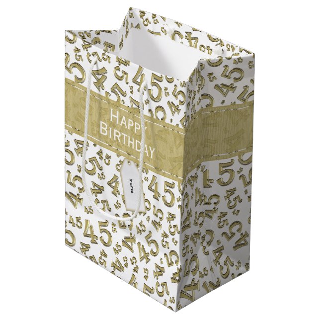 Happy 45th Birthday Number Pattern Gold/White Medium Gift Bag (Front Angled)