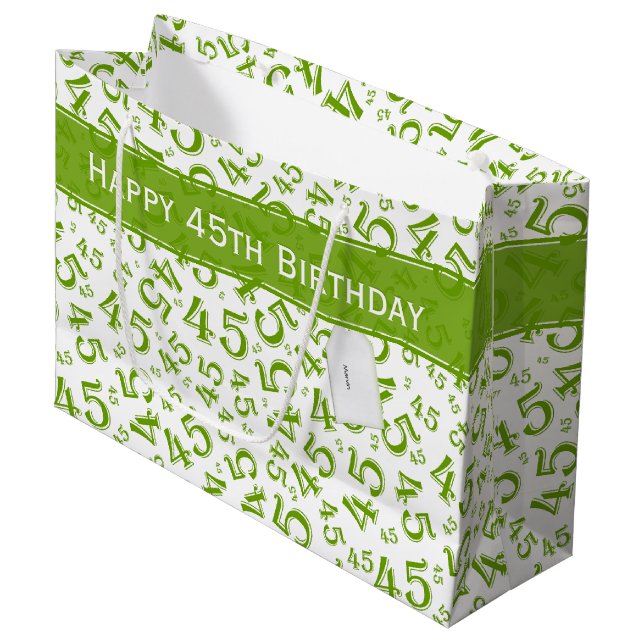 Happy 45th Birthday Number Pattern Green/White Large Gift Bag (Front Angled)