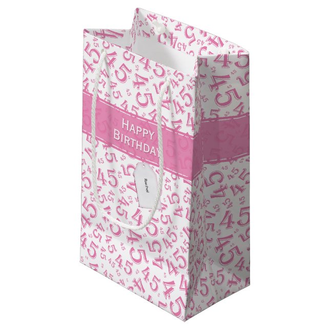 Happy 45th Birthday Number Pattern Pink/White Small Gift Bag (Front Angled)
