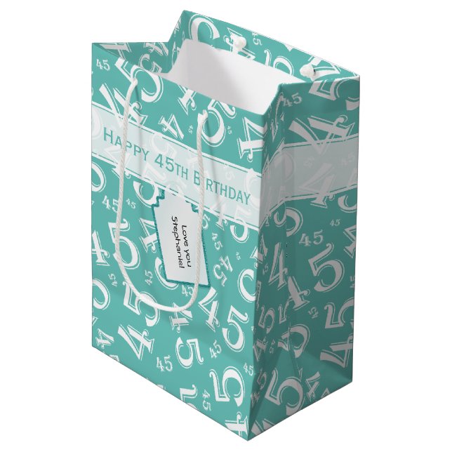 Happy 45th Birthday Number Pattern Teal/White Medium Gift Bag (Front Angled)