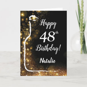 Happy 48th Birthday Black and Gold Glitter Wine Card