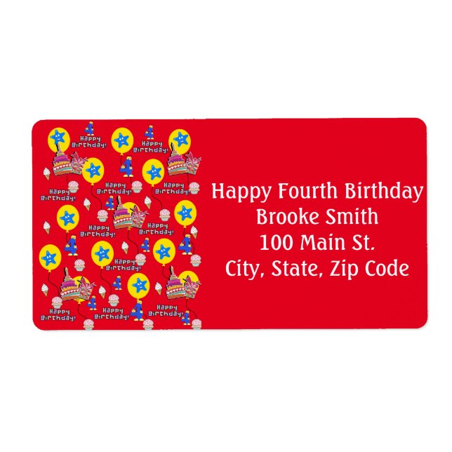 Happy 4th Birthday Address Labels, Yellow Red (Front)