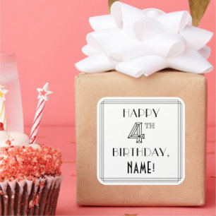 HAPPY 4TH BIRTHDAY, Art Deco Style, Custom Name Square Sticker