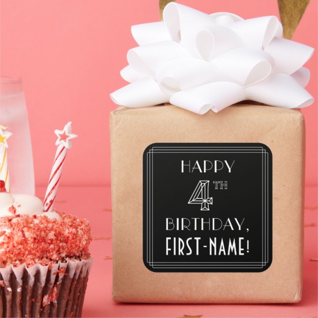HAPPY 4TH BIRTHDAY; Art Deco Style; Custom Name Square Sticker (Party)