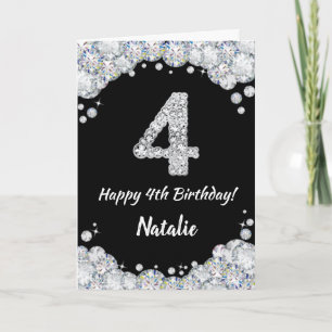 Happy 4th Birthday Black and Silver Glitter Card