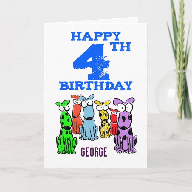 Happy 4th birthday cartoon dogs (name) boys card (Front)