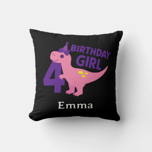 Happy 4th Birthday Dinosaur Girl Illustration Cushion