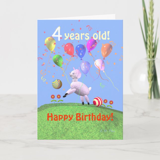 Happy 4th Birthday Lamb and Balloons Card (Front)