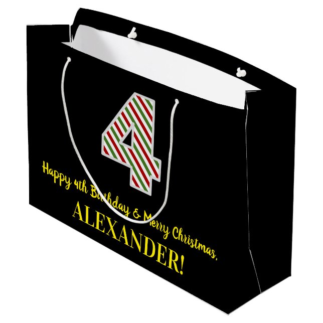 Happy 4th Birthday & Merry Christmas, Custom Name Large Gift Bag (Back Angled)