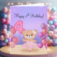 Happy 4th Birthday Teddy Bear Ballerina on Stage