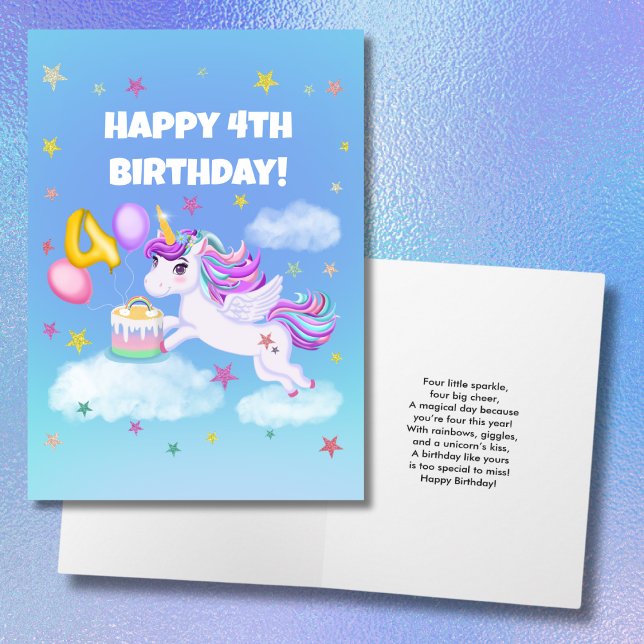 Happy 4th Birthday Unicorn with Birthday Cake Card (Creator Uploaded)