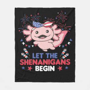 Happy 4th Cute Axolotl With Fireworks America Fleece Blanket