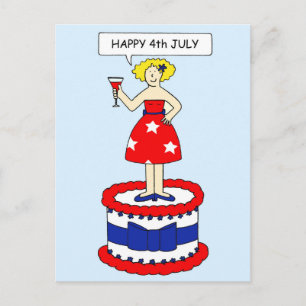 Happy 4th July Cartoon Lady on a Cake Postcard