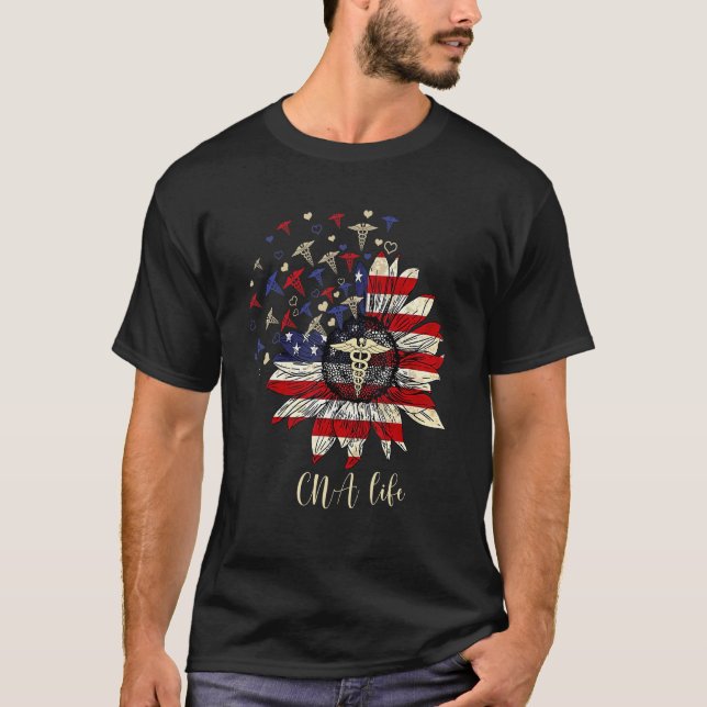Happy 4th July Cna Life Nurse Crew Sunflower Ameri T-Shirt (Front)