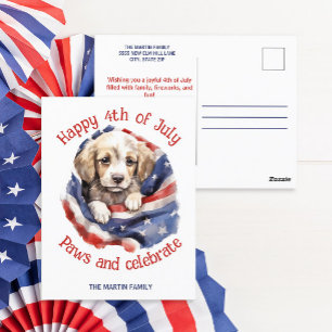 Happy 4th July Cute Puppy American Flag  Postcard