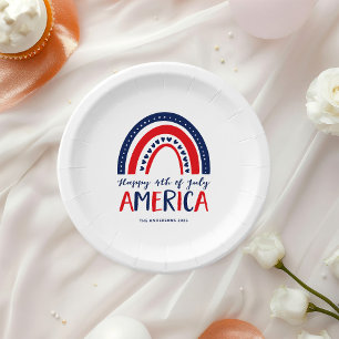 Happy 4th of July America   Red White Blue Rainbow Paper Plate