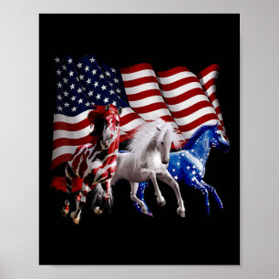 Happy 4th Of July American Flag Red White Horse An Poster