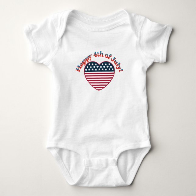 Happy 4th of July American Heart Shaped Flag Baby Bodysuit (Front)