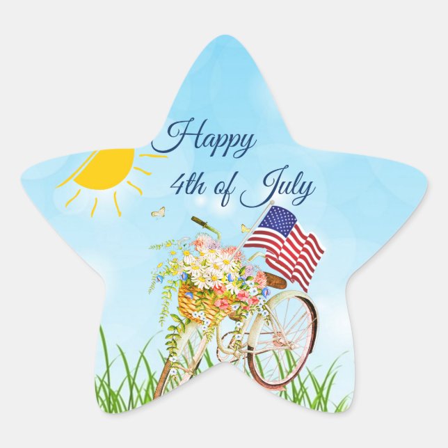 Happy 4th of July bike with flag   Star Sticker (Front)