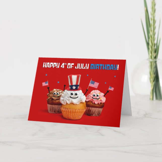 Happy 4th of July Birthday Cute Patriotic Cupcake Holiday Card (Front)