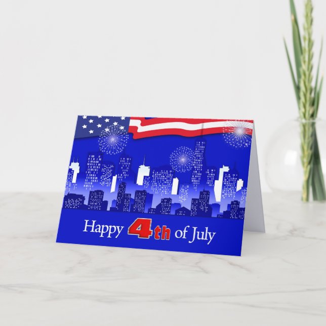 Happy 4th of July. Cityscape and Fireworks  Card (Front)