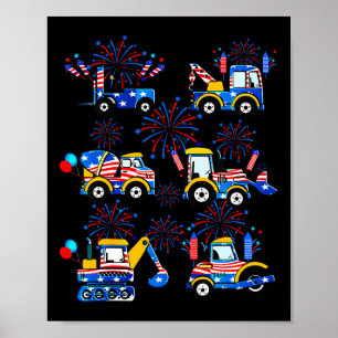 Happy 4th Of July Crane Excavator Construction Tod Poster