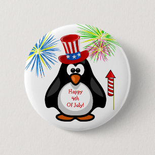 HAPPY 4TH OF JULY Cute Penguin Fireworks Rocket 6 Cm Round Badge