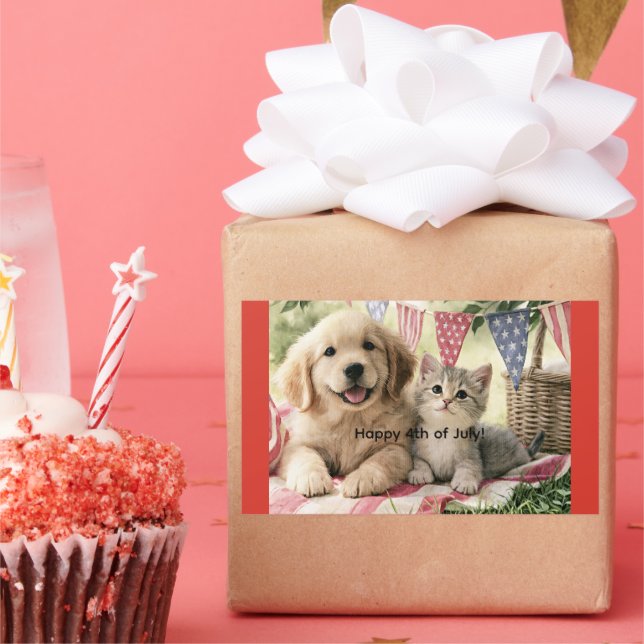 Happy 4th of July, cute puppy and tabby cat, Rectangular Sticker (Party)