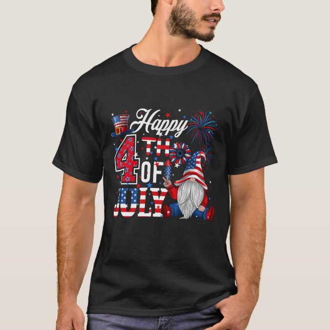 Happy 4th of July Gnomes Patriotic Red White Blue  T-Shirt (Front)