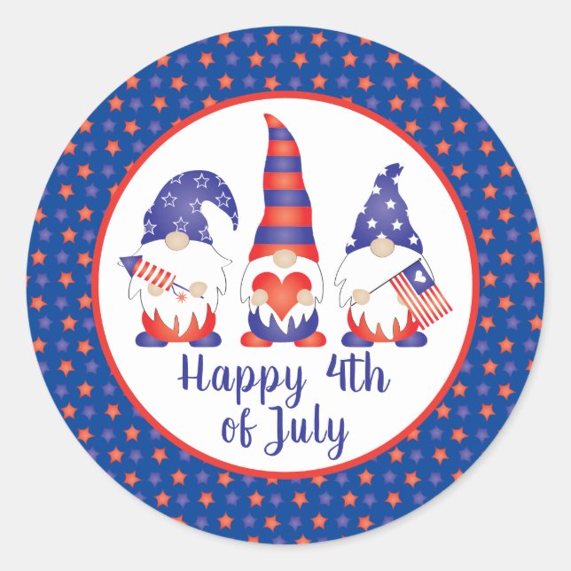 Happy 4th of July Gnomes Red White Blue Classic Round Sticker (Front)