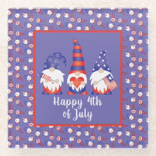Happy 4th of July Gnomes Red White Blue Glass Coaster