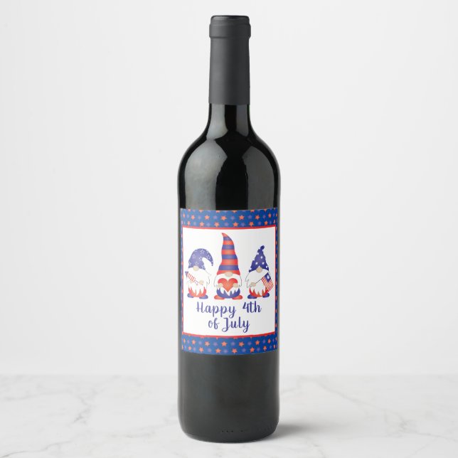 Happy 4th of July Gnomes Red White Blue Wine Label (Front)