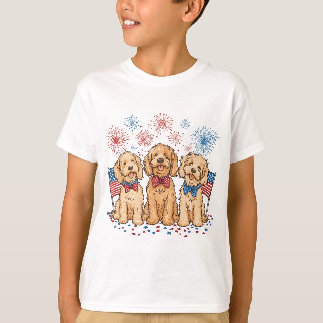 Happy 4th Of July Goldendoodle Dogs Fireworks T-Shirt (Front)