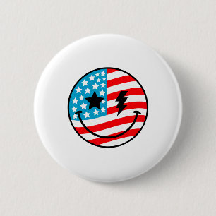 Happy 4th Of July Groovy Smile Face Red White Blue 6 Cm Round Badge
