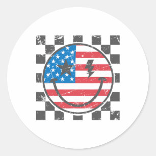 Happy 4th Of July Groovy Smile Face Red White Blue Classic Round Sticker