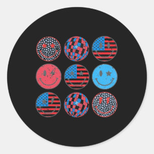 Happy 4th Of July Groovy Smile Face Red White Blue Classic Round Sticker
