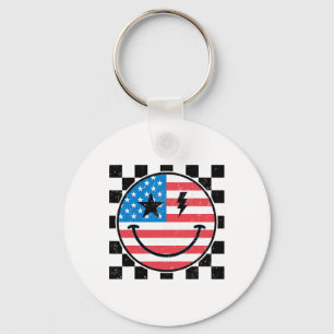 Happy 4th Of July Groovy Smile Face Red White Blue Key Ring