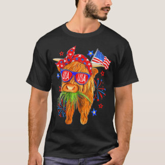 Happy 4Th Of July Highland Cow With America Flag G T-Shirt