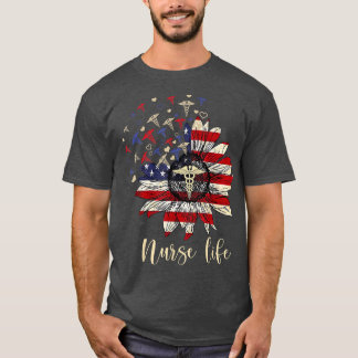 Happy 4th Of July Nurse Life Crew Sunflower Americ T-Shirt