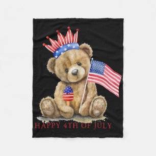 Happy 4th Of July Patriotic Cute Bear Women Girls Fleece Blanket