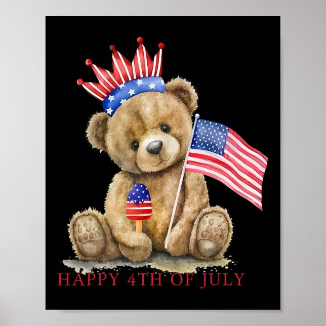 Happy 4th Of July Patriotic Cute Bear Women Girls  Poster (Front)